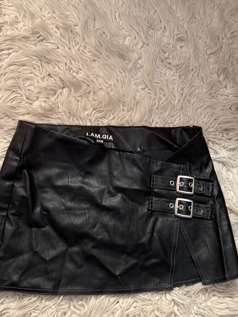 I.AM.GIA Black Leather Buckle Detail Mini Skirt